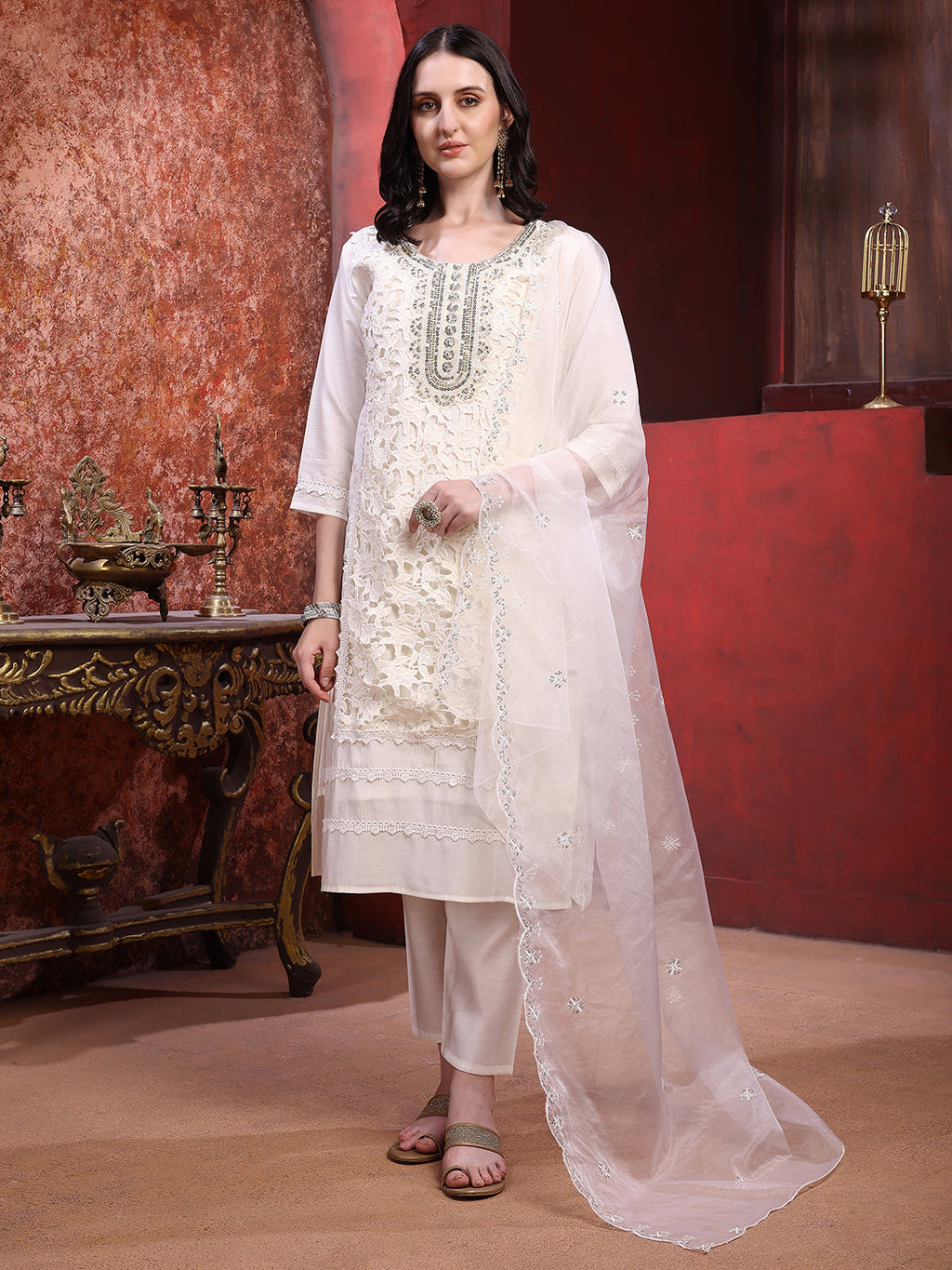 Applique Embroidered Kurta With Pant & Embroidered Dupatta, Cream - Hiral Fashion | Grocsy