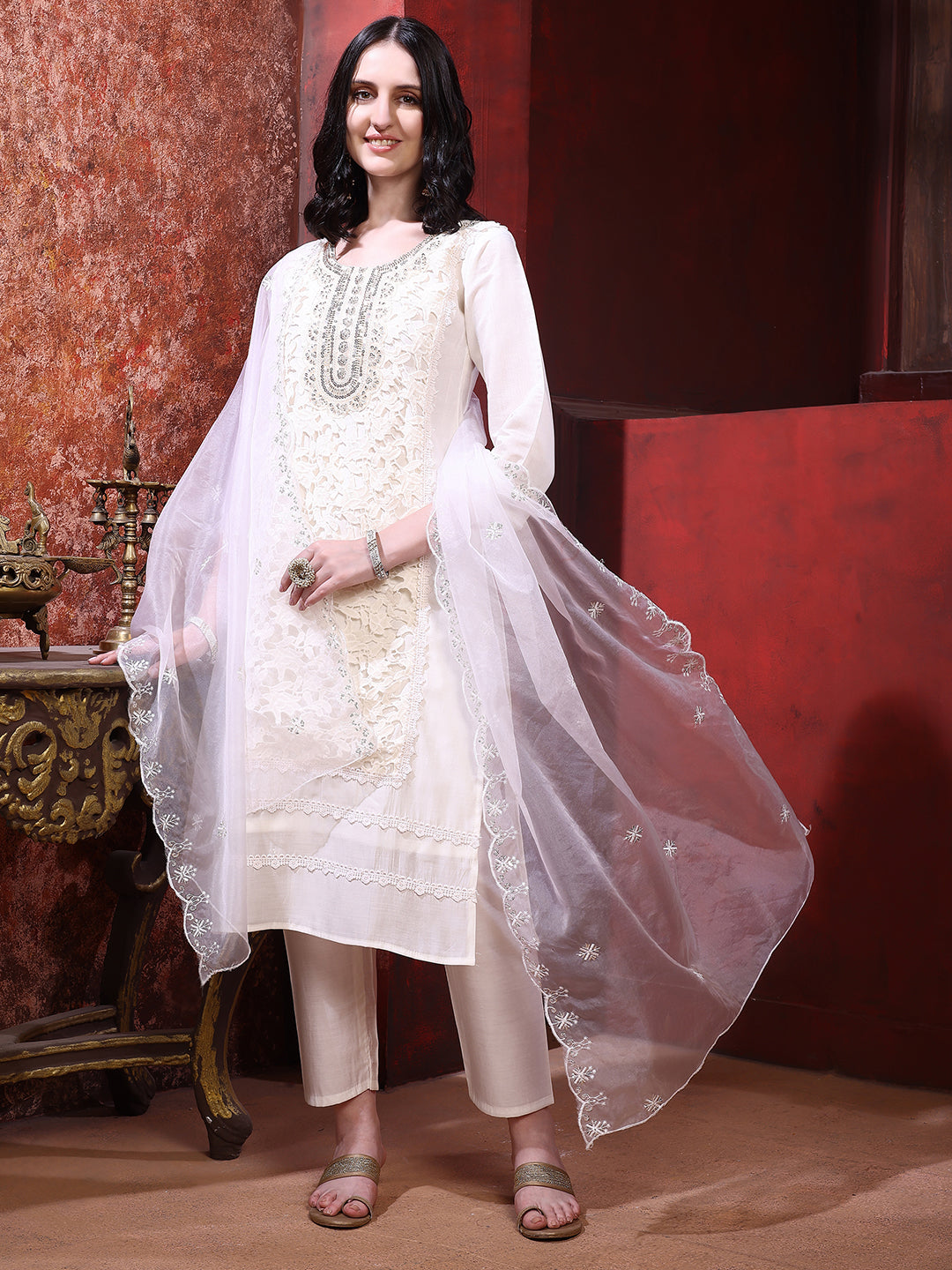 Applique Embroidered Kurta With Pant & Embroidered Dupatta, Cream - Hiral Fashion | Grocsy
