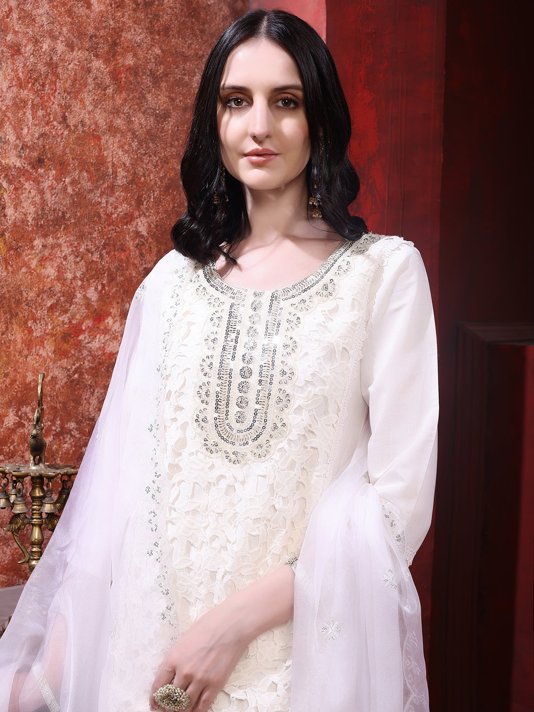 Applique Embroidered Kurta With Pant & Embroidered Dupatta, Cream - Hiral Fashion | Grocsy