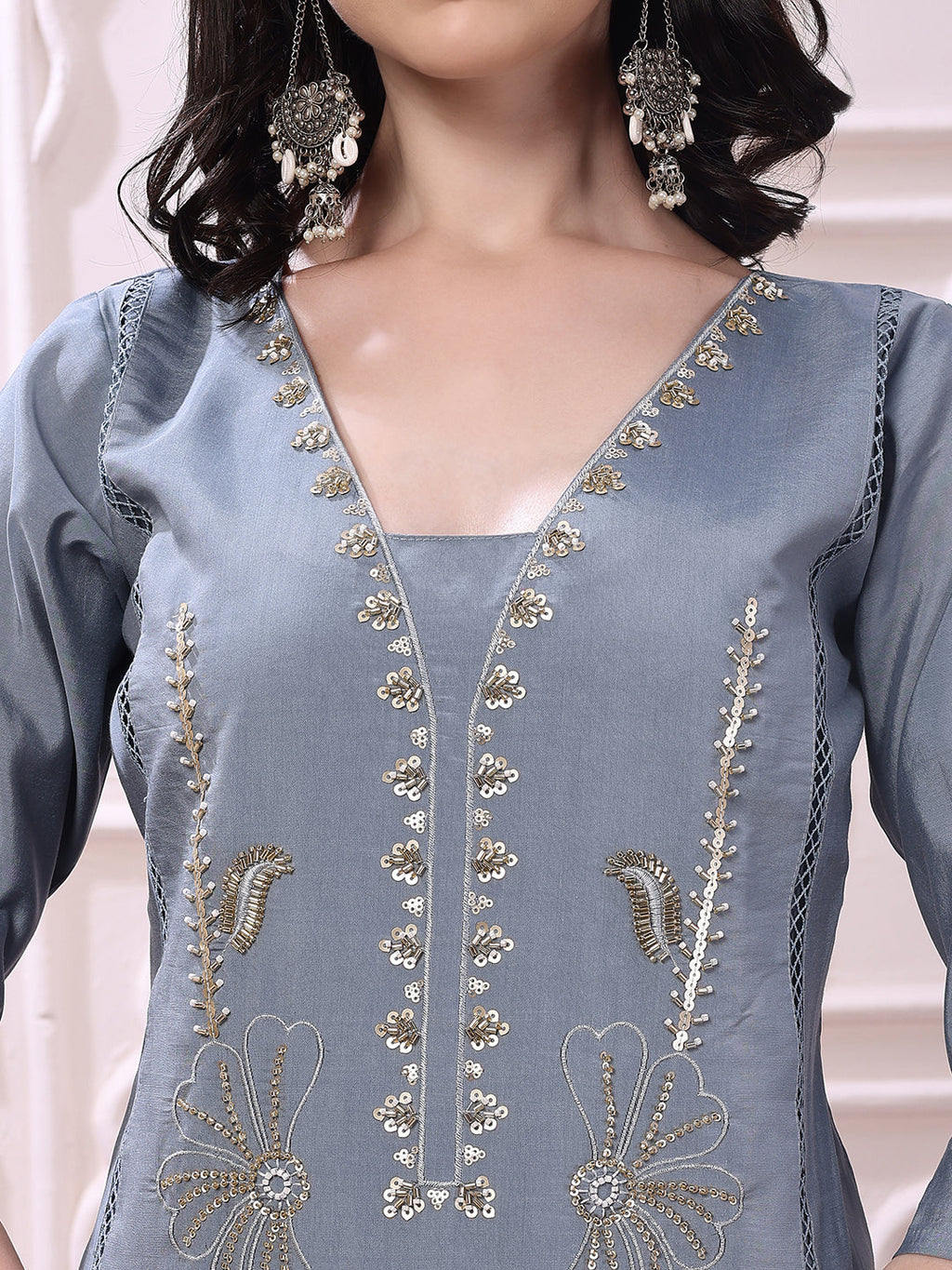 Heavy Hand Embroidered Kurta With Pant & Dupatta, Grey - Hiral Fashion | Grocsy