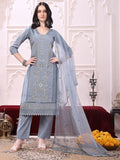 Heavy Hand Embroidered Kurta With Pant & Dupatta, Grey - Hiral Fashion | Grocsy