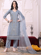 Heavy Hand Embroidered Kurta With Pant & Dupatta, Grey - Hiral Fashion | Grocsy