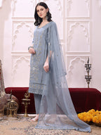 Heavy Hand Embroidered Kurta With Pant & Dupatta, Grey - Hiral Fashion | Grocsy