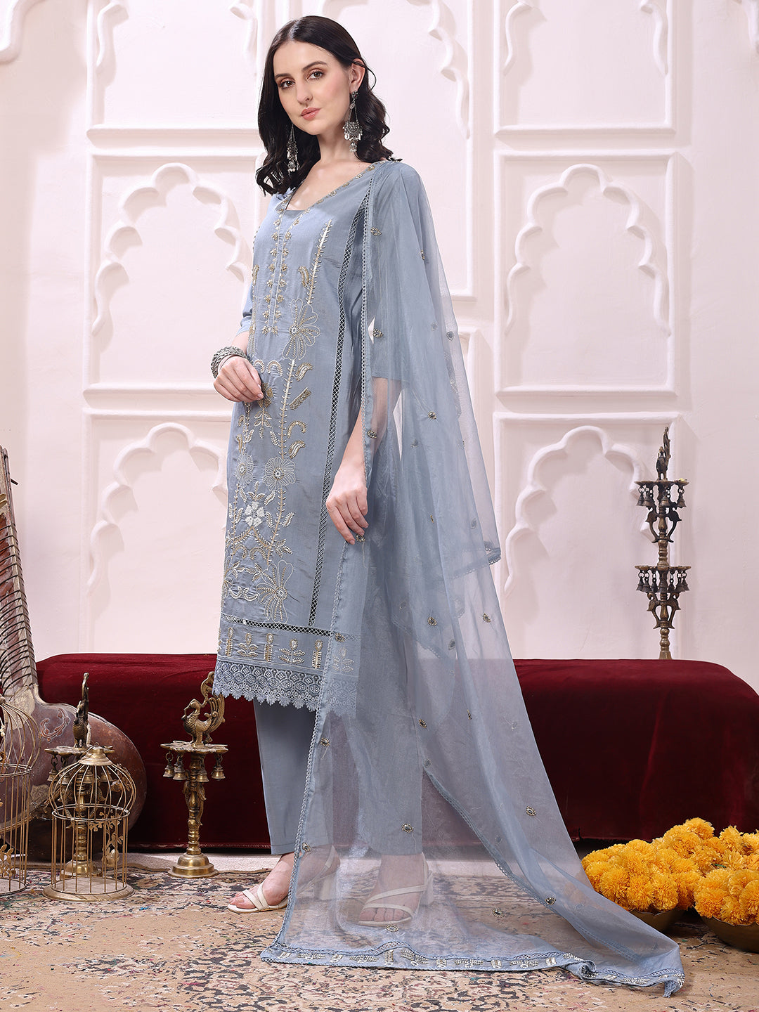 Heavy Hand Embroidered Kurta With Pant & Dupatta, Grey - Hiral Fashion | Grocsy