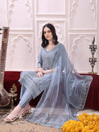 Heavy Hand Embroidered Kurta With Pant & Dupatta, Grey - Hiral Fashion | Grocsy