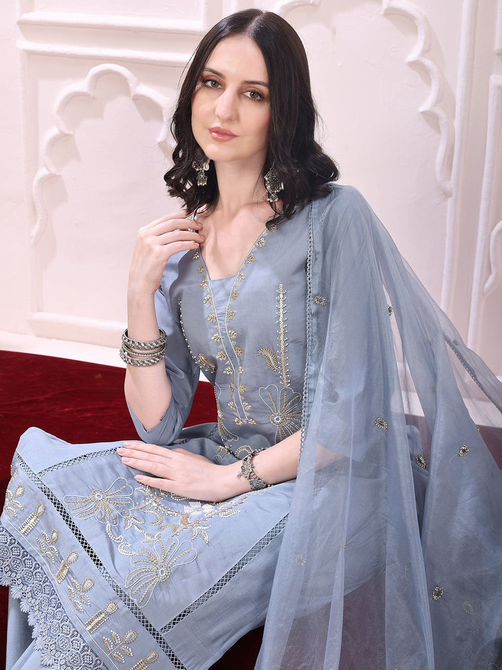 Heavy Hand Embroidered Kurta With Pant & Dupatta, Grey - Hiral Fashion | Grocsy