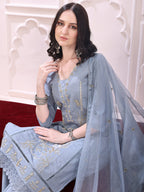 Heavy Hand Embroidered Kurta With Pant & Dupatta, Grey - Hiral Fashion | Grocsy