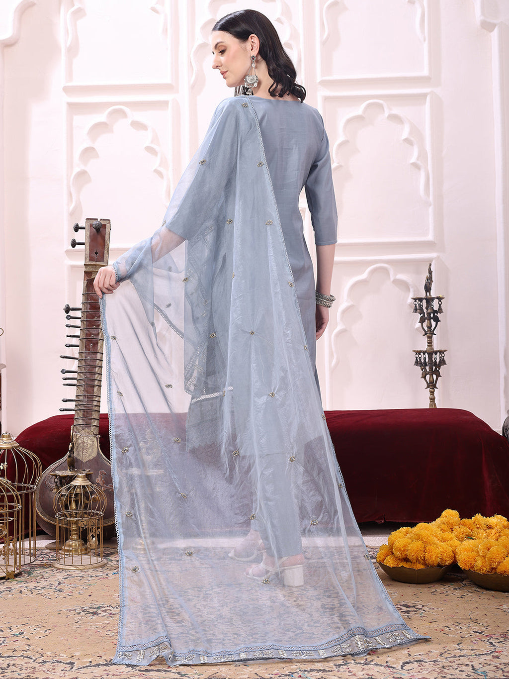 Heavy Hand Embroidered Kurta With Pant & Dupatta, Grey - Hiral Fashion | Grocsy