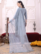 Heavy Hand Embroidered Kurta With Pant & Dupatta, Grey - Hiral Fashion | Grocsy