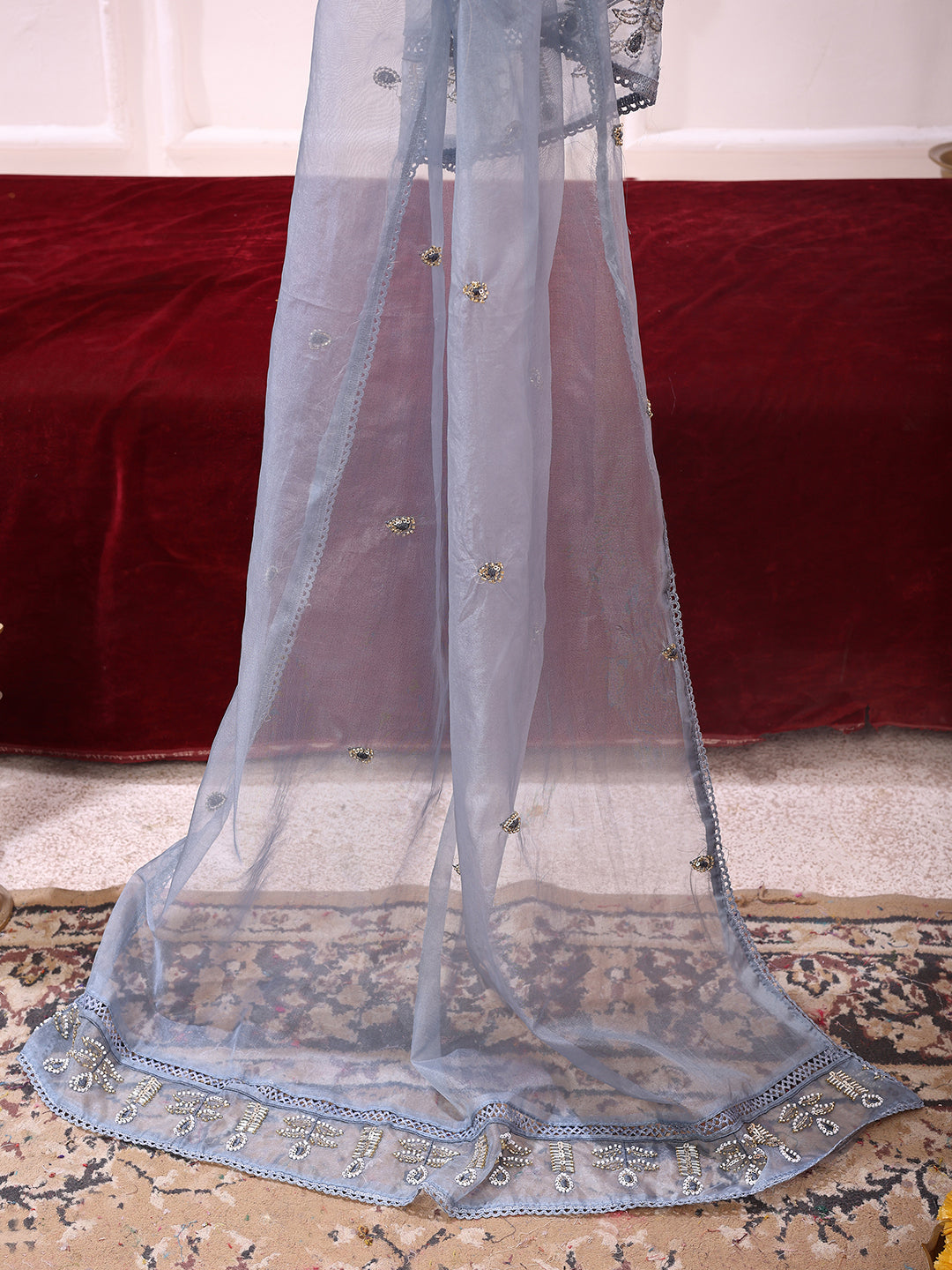 Heavy Hand Embroidered Kurta With Pant & Dupatta, Grey - Hiral Fashion | Grocsy