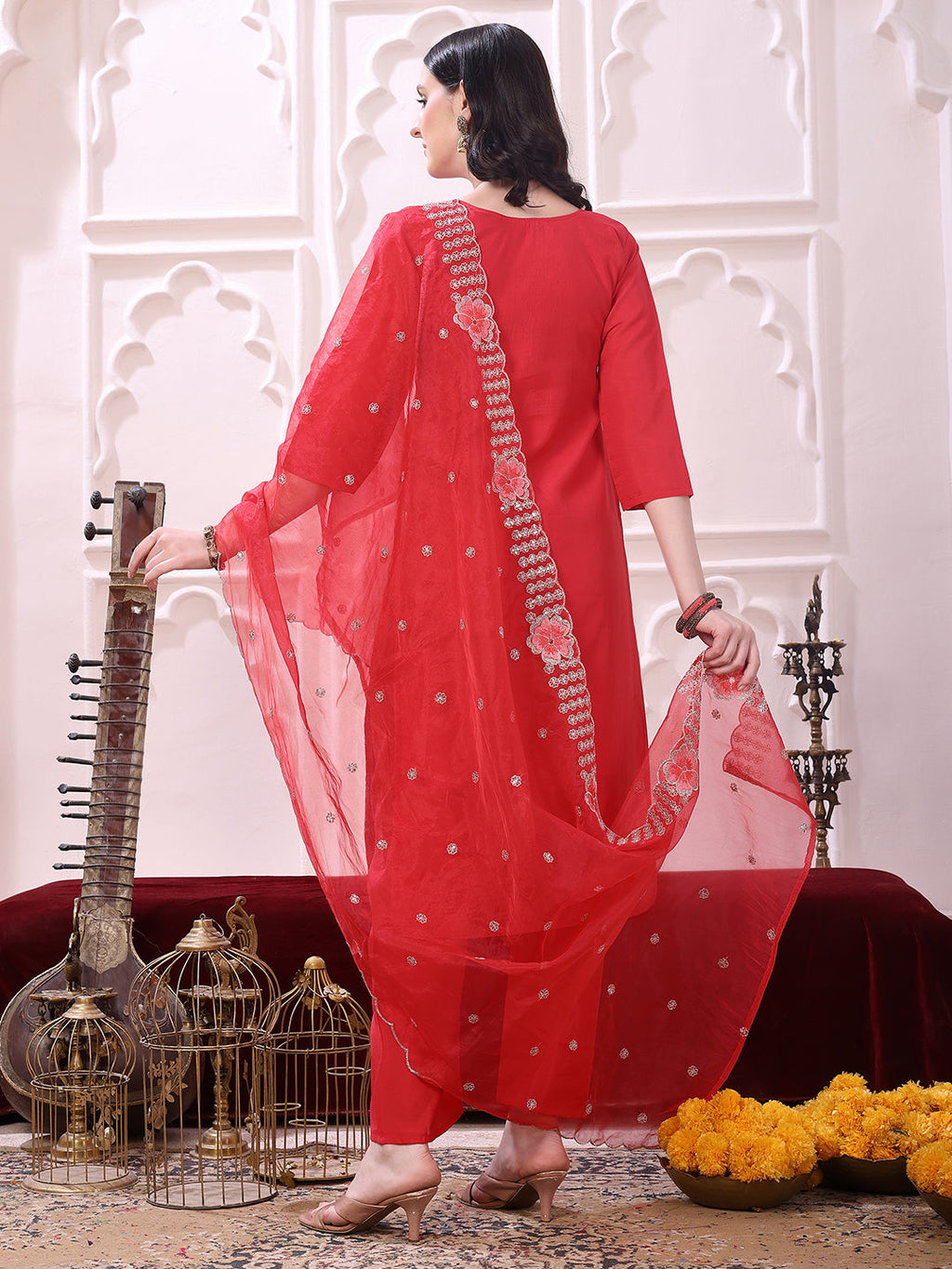 Hem Embroidered Kurta With Pant & Embroidered Dupatta, Pink - Hiral Fashion | Grocsy