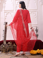 Hem Embroidered Kurta With Pant & Embroidered Dupatta, Pink - Hiral Fashion | Grocsy