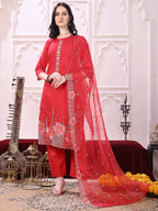 Hem Embroidered Kurta With Pant & Embroidered Dupatta, Pink - Hiral Fashion | Grocsy