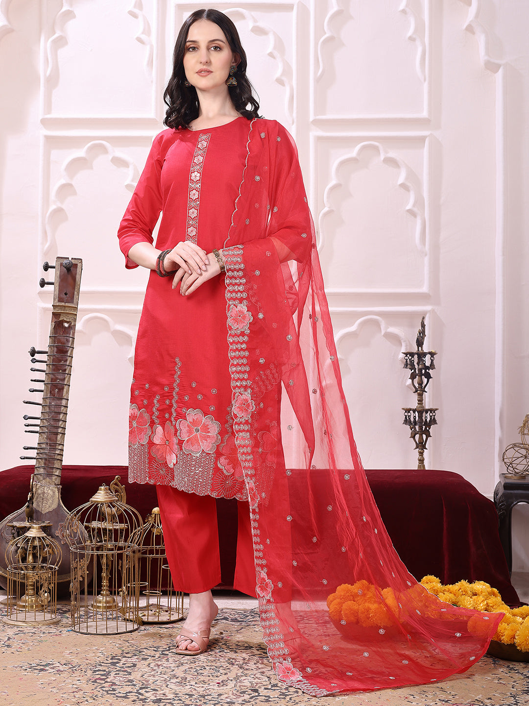 Hem Embroidered Kurta With Pant & Embroidered Dupatta, Pink - Hiral Fashion | Grocsy