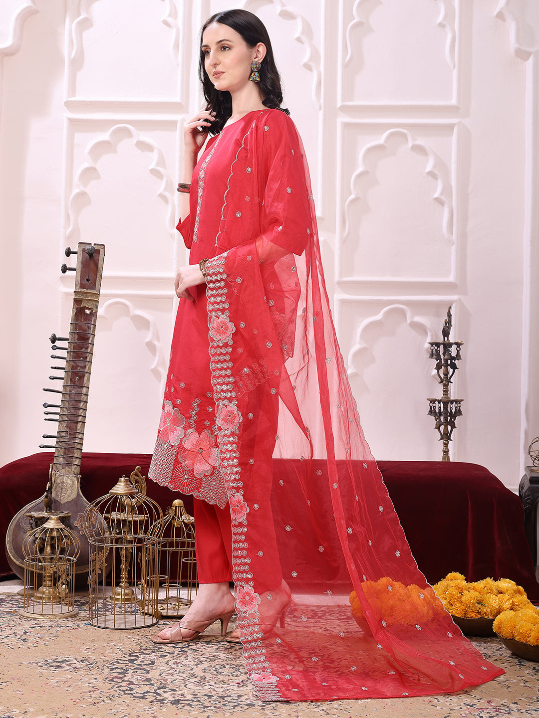 Hem Embroidered Kurta With Pant & Embroidered Dupatta, Pink - Hiral Fashion | Grocsy
