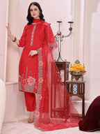 Hem Embroidered Kurta With Pant & Embroidered Dupatta, Pink - Hiral Fashion | Grocsy