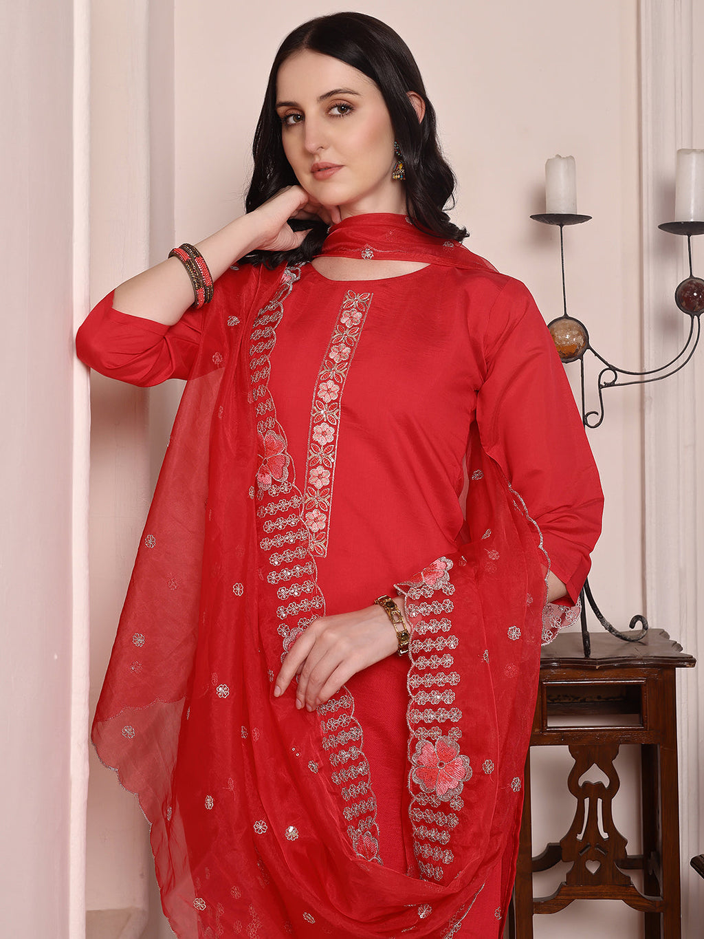 Hem Embroidered Kurta With Pant & Embroidered Dupatta, Pink - Hiral Fashion | Grocsy
