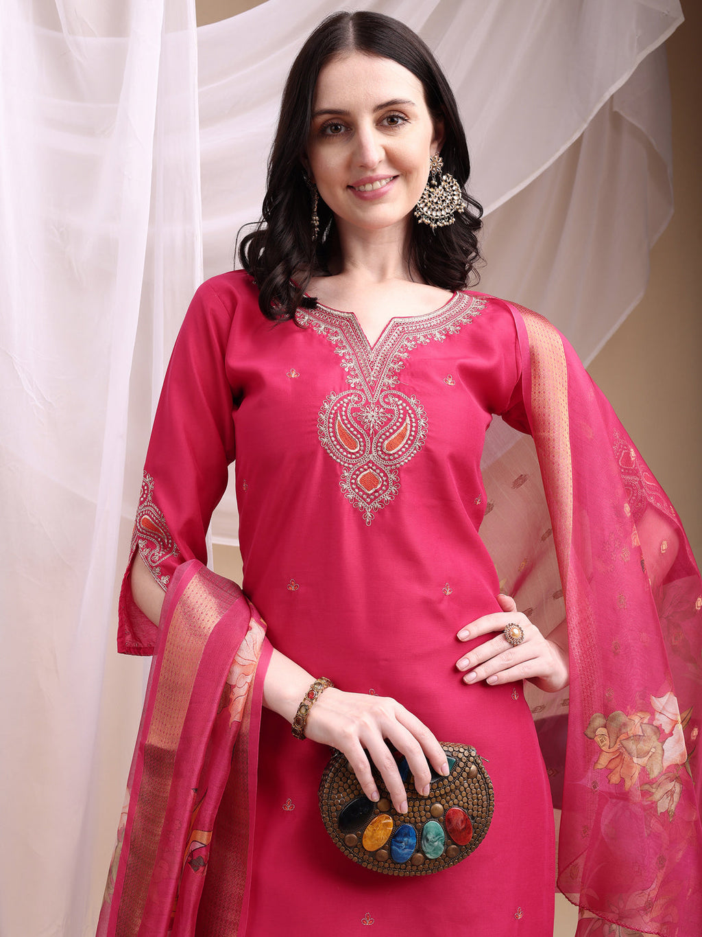 Embroidered Kurta With Pant & Printed Organza Dupatta, Pink - Hiral Fashion | Grocsy