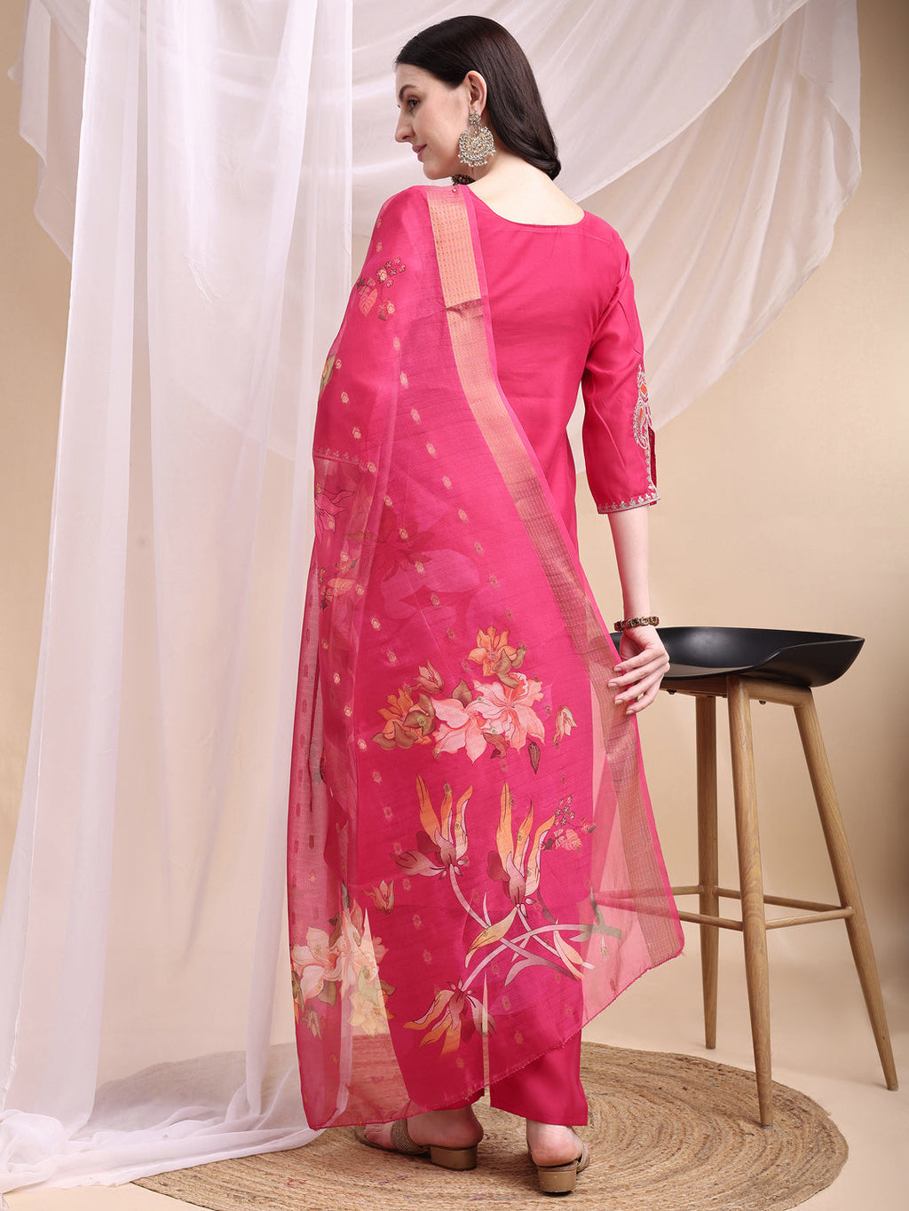 Embroidered Kurta With Pant & Printed Organza Dupatta, Pink - Hiral Fashion | Grocsy