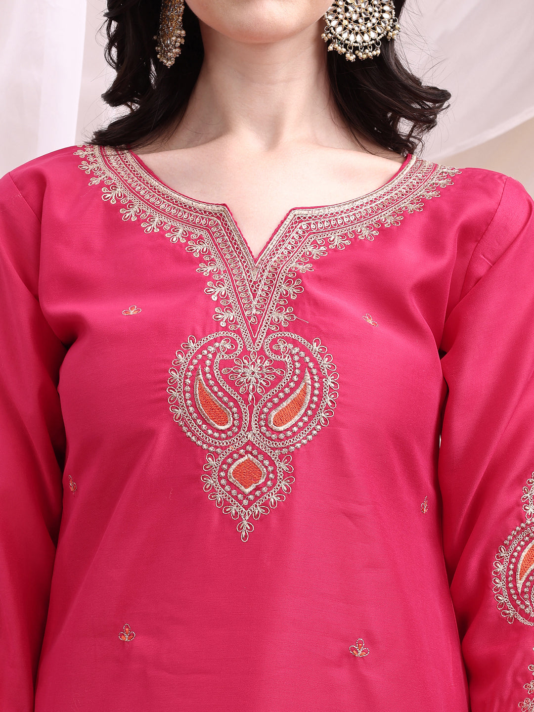 Embroidered Kurta With Pant & Printed Organza Dupatta, Pink - Hiral Fashion | Grocsy