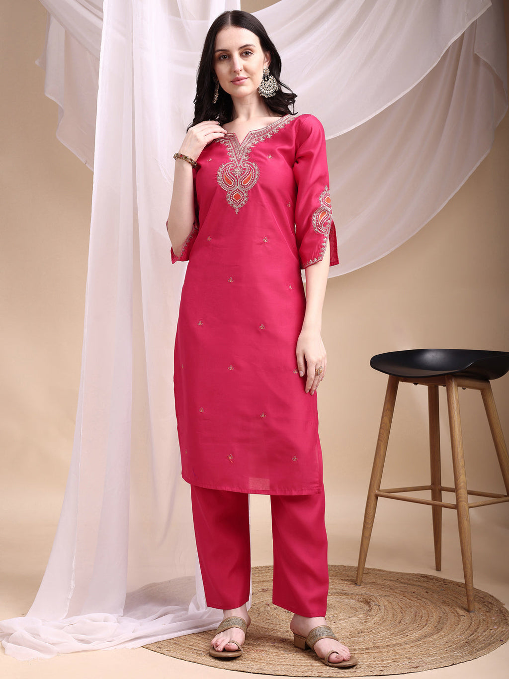 Embroidered Kurta With Pant & Printed Organza Dupatta, Pink - Hiral Fashion | Grocsy