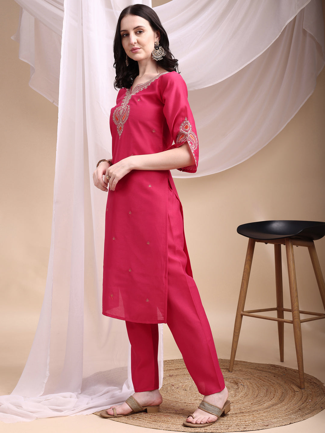 Embroidered Kurta With Pant & Printed Organza Dupatta, Pink - Hiral Fashion | Grocsy