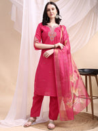 Embroidered Kurta With Pant & Printed Organza Dupatta, Pink - Hiral Fashion | Grocsy