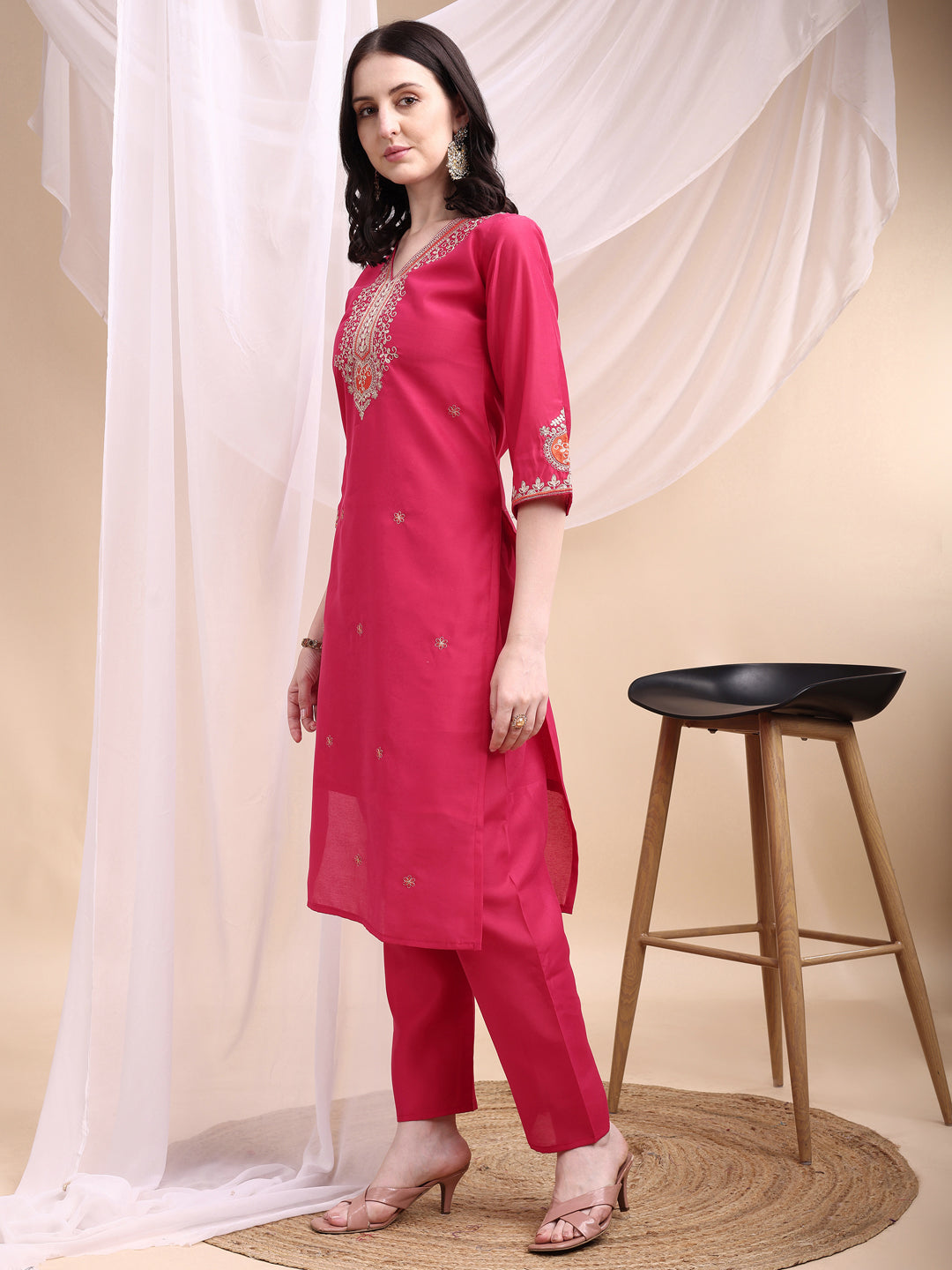 Embroidered Kurta With Pant & Printed Organza Dupatta, Pink - Hiral Fashion | Grocsy