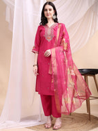 Embroidered Kurta With Pant & Printed Organza Dupatta, Pink - Hiral Fashion | Grocsy
