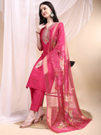 Embroidered Kurta With Pant & Printed Organza Dupatta, Pink - Hiral Fashion | Grocsy