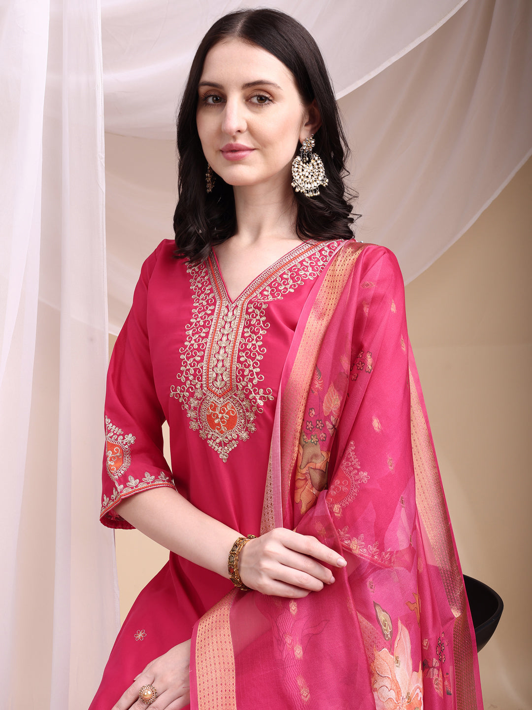 Embroidered Kurta With Pant & Printed Organza Dupatta, Pink - Hiral Fashion | Grocsy