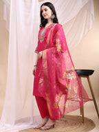Embroidered Kurta With Pant & Printed Organza Dupatta, Pink - Hiral Fashion | Grocsy