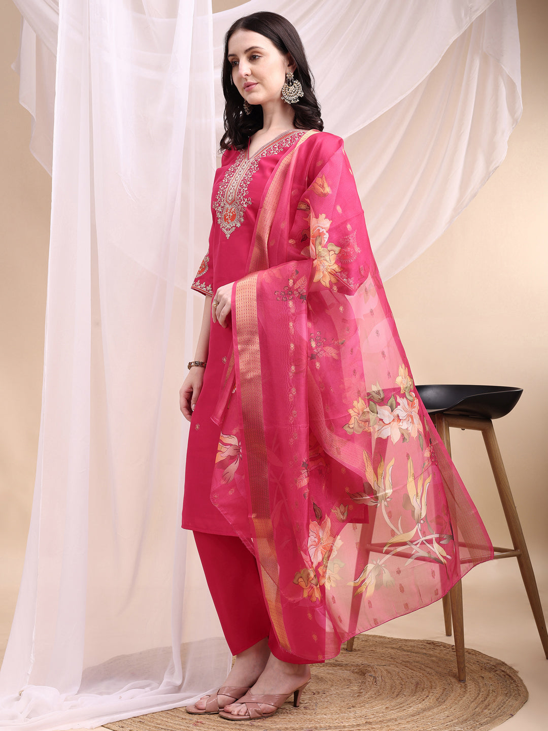 Embroidered Kurta With Pant & Printed Organza Dupatta, Pink - Hiral Fashion | Grocsy