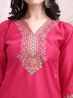 Embroidered Kurta With Pant & Printed Organza Dupatta, Pink - Hiral Fashion | Grocsy