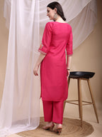 Embroidered Kurta With Pant & Printed Organza Dupatta, Pink - Hiral Fashion | Grocsy