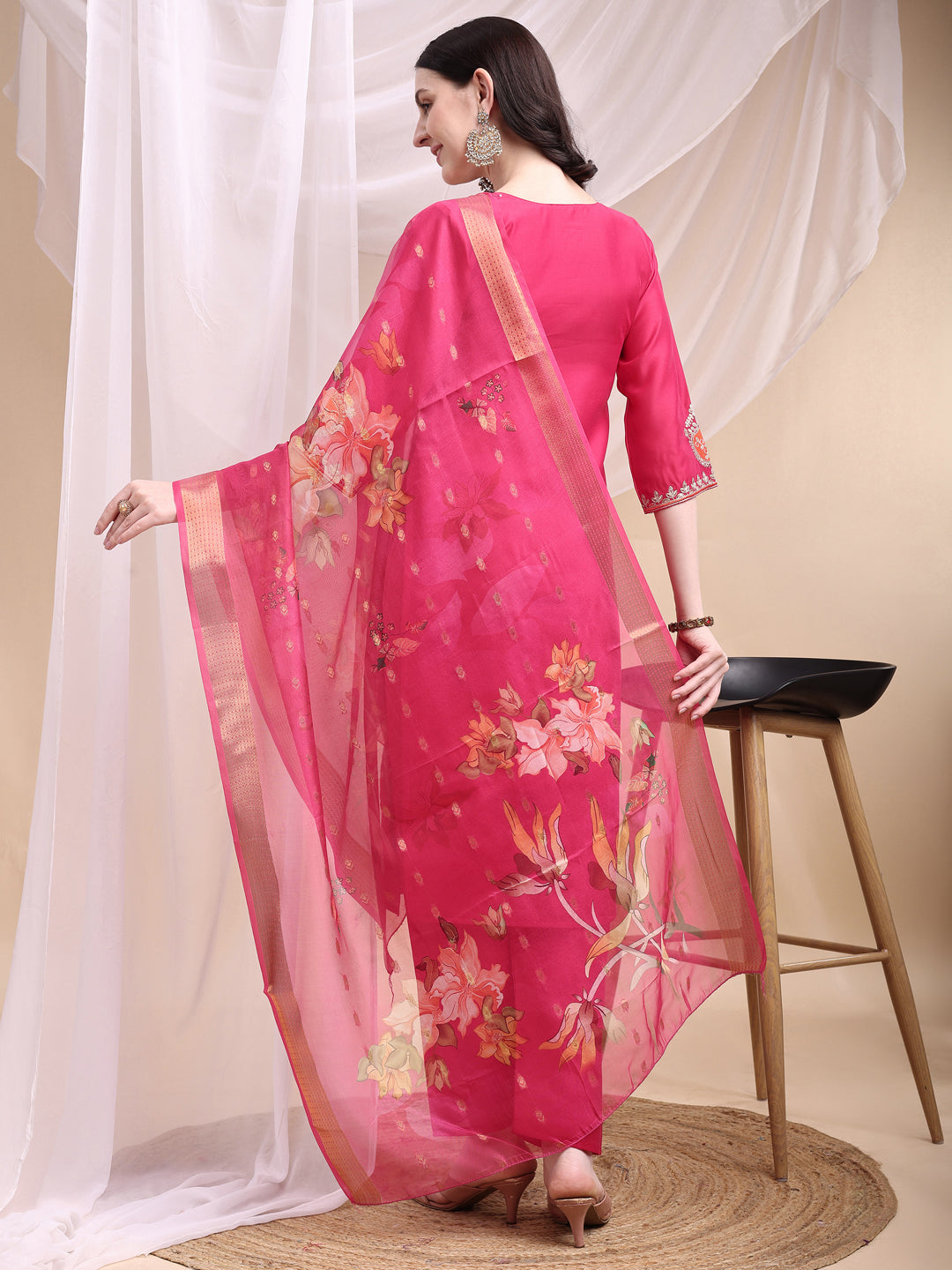Embroidered Kurta With Pant & Printed Organza Dupatta, Pink - Hiral Fashion | Grocsy