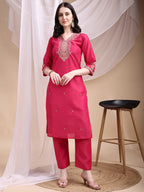 Embroidered Kurta With Pant & Printed Organza Dupatta, Pink - Hiral Fashion | Grocsy