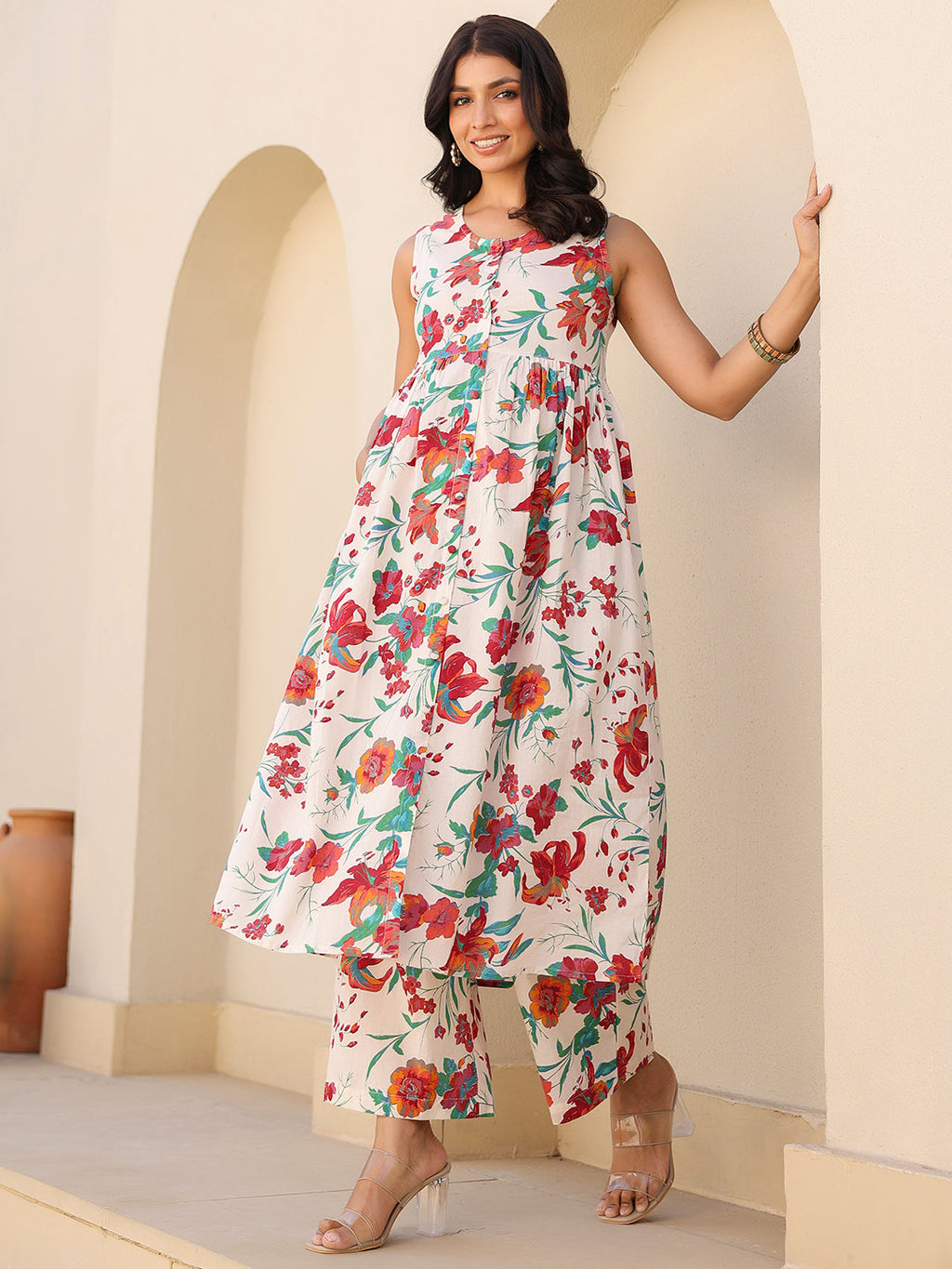 Janasya Light Cotton Floral A-Line Kurta Set | Grocsy