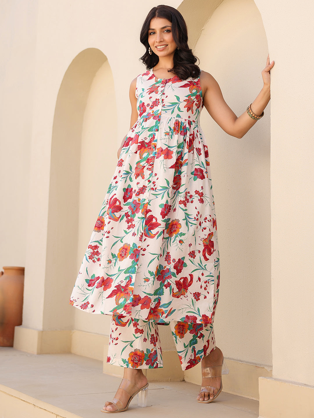 Janasya Light Cotton Floral A-Line Kurta Set | Grocsy