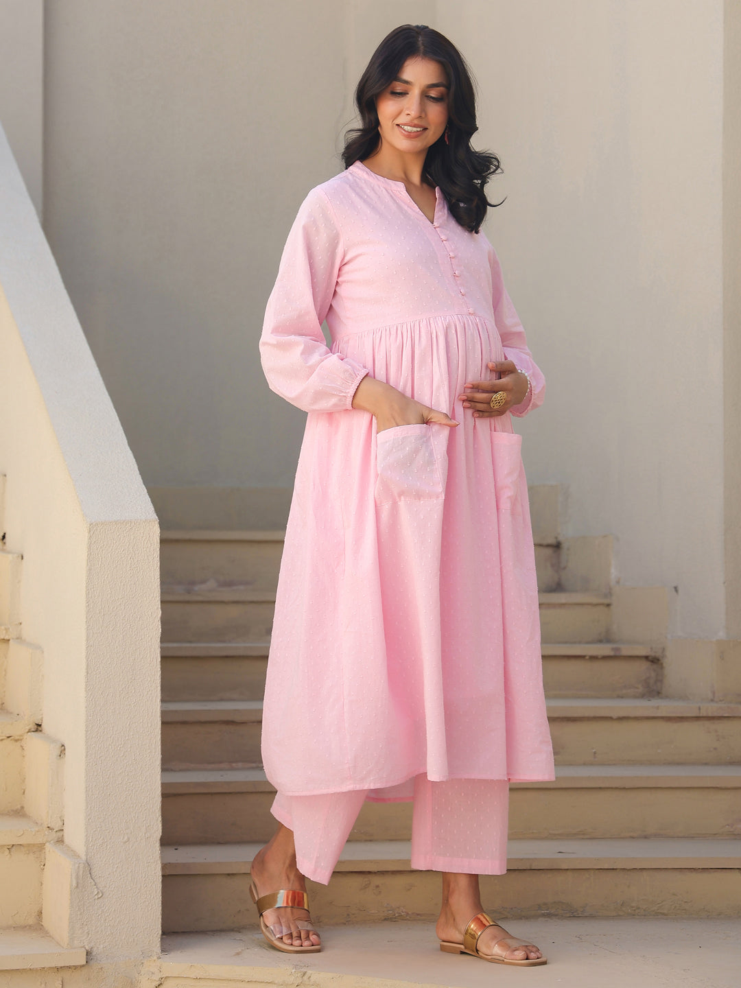 Janasya Light Dobby Cotton Self Design A-Line Kurta Set | Grocsy