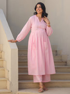 Janasya Light Dobby Cotton Self Design A-Line Kurta Set | Grocsy