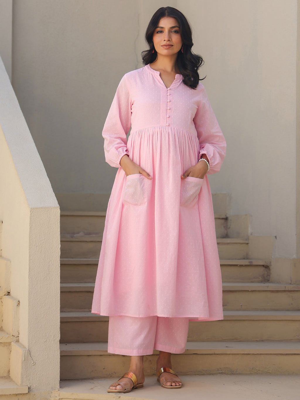 Janasya Light Dobby Cotton Self Design A-Line Kurta Set | Grocsy