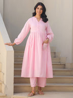 Janasya Light Dobby Cotton Self Design A-Line Kurta Set | Grocsy
