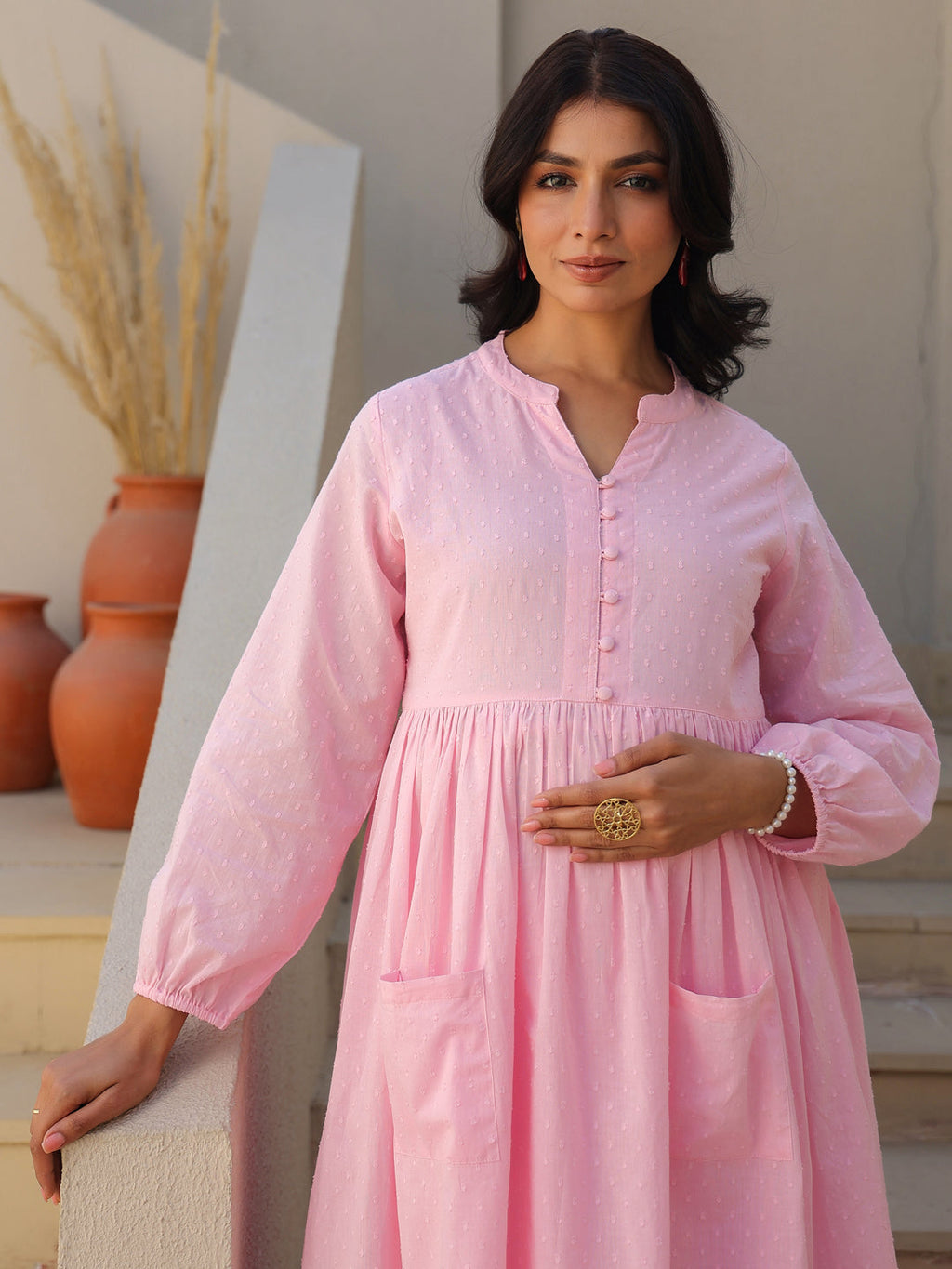 Janasya Light Dobby Cotton Self Design A-Line Kurta Set | Grocsy