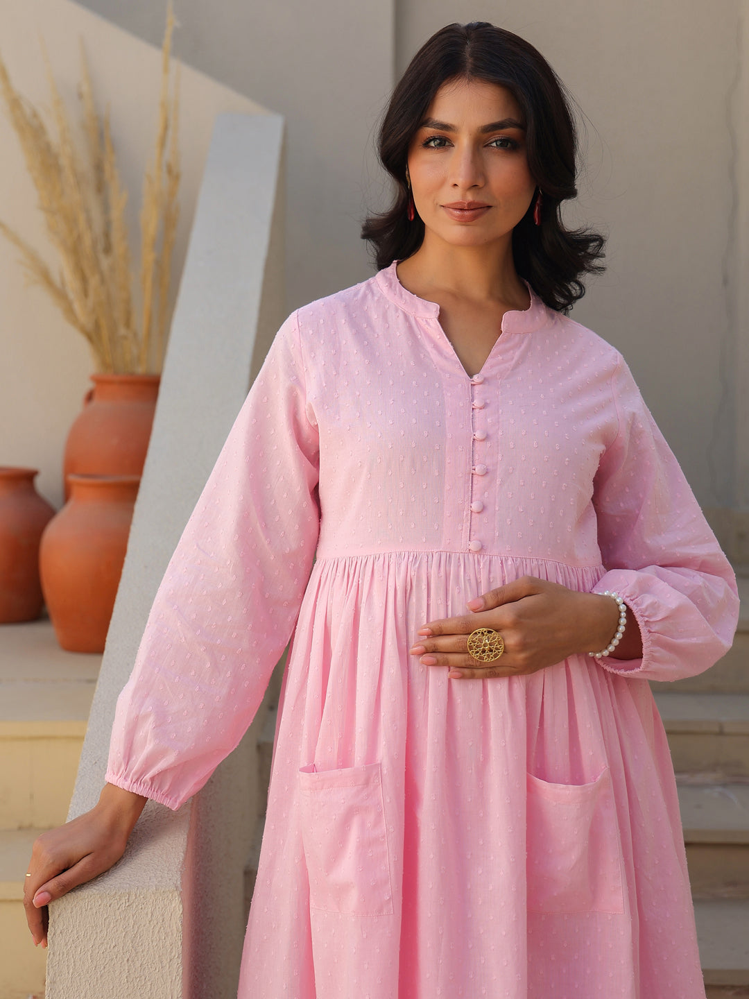 Janasya Light Dobby Cotton Self Design A-Line Kurta Set | Grocsy