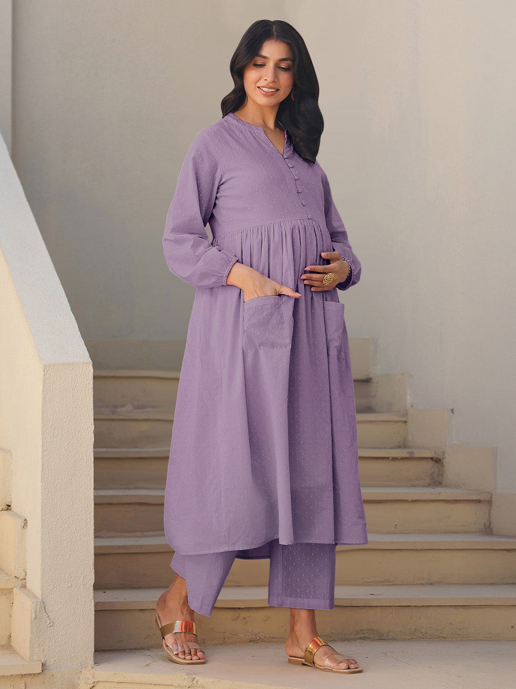 Janasya Light Dobby Cotton Self Design A-Line Kurta Set | Grocsy