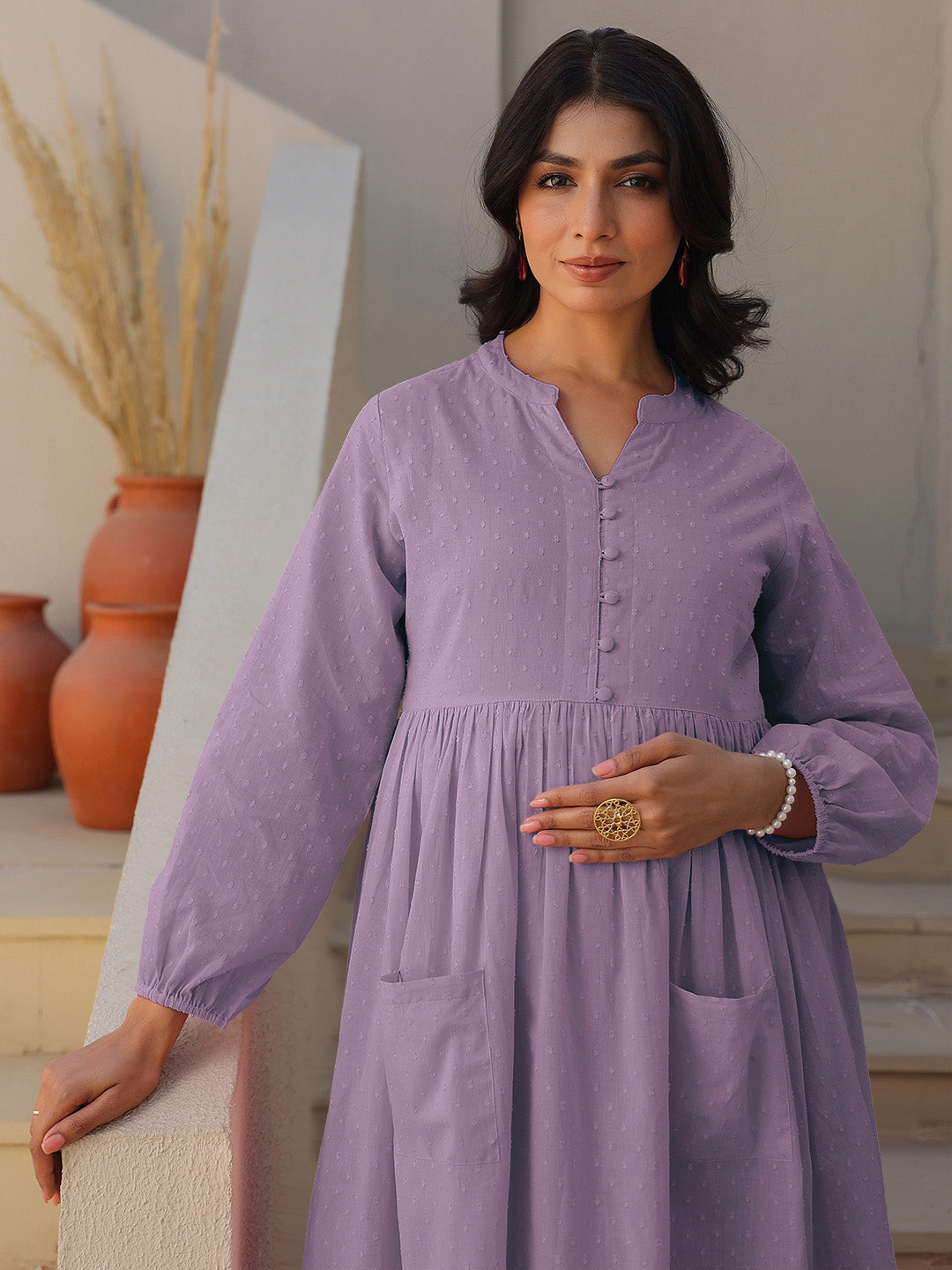 Janasya Light Dobby Cotton Self Design A-Line Kurta Set | Grocsy