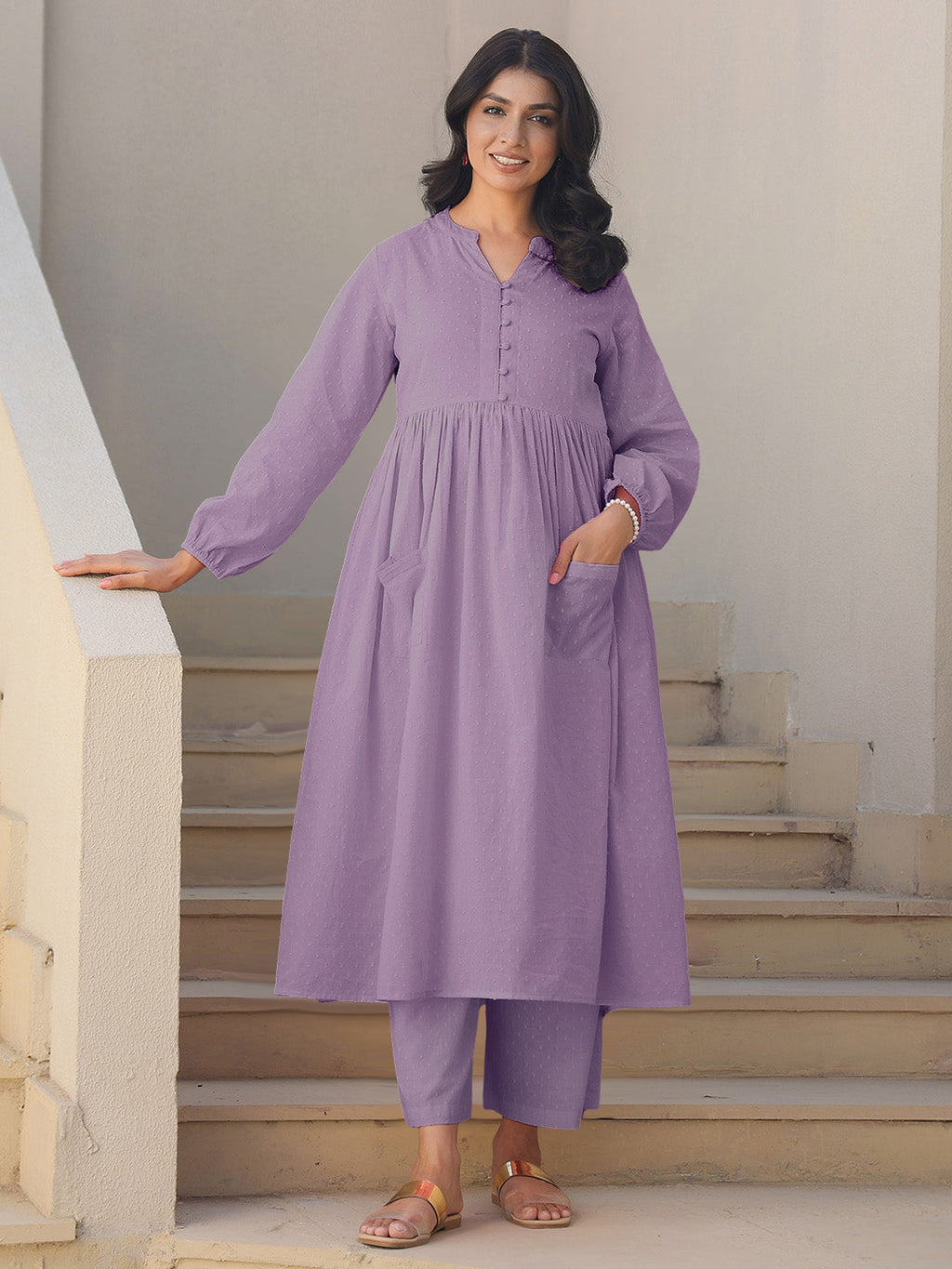 Janasya Light Dobby Cotton Self Design A-Line Kurta Set | Grocsy