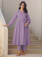 Janasya Light Dobby Cotton Self Design A-Line Kurta Set | Grocsy
