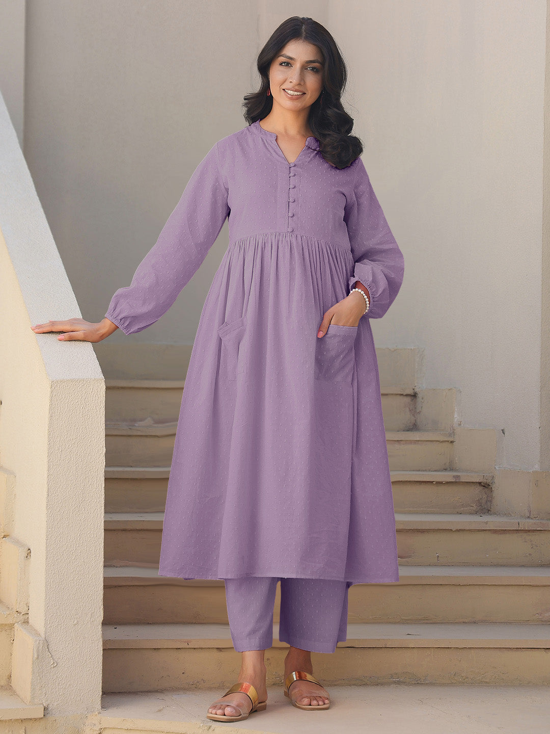 Janasya Light Dobby Cotton Self Design A-Line Kurta Set | Grocsy